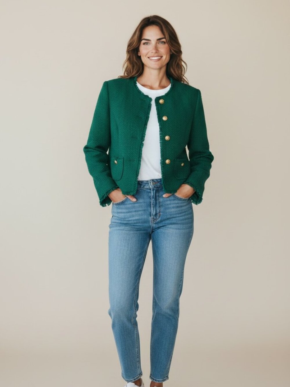 Joan Rivers Classics Emerald Green Bouclé Tweed Jacket Gold Buttons Size 14